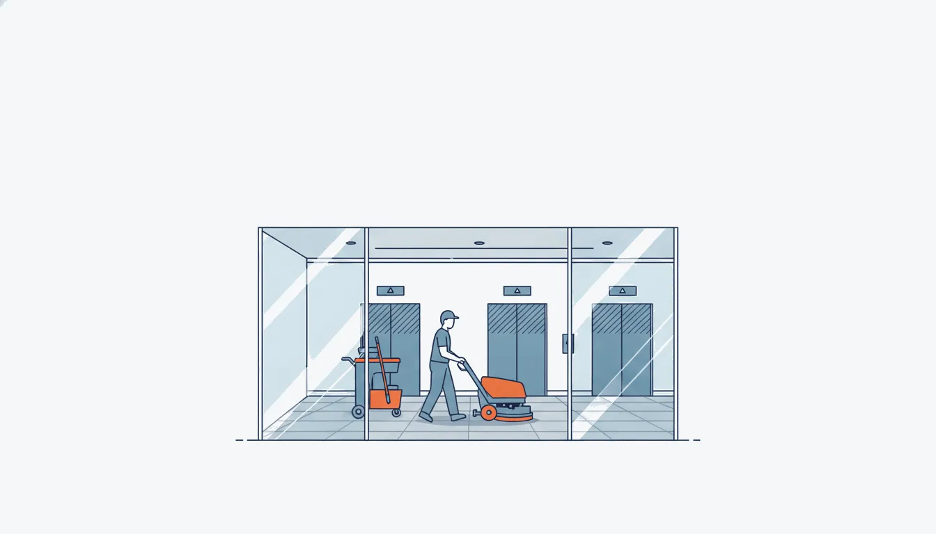 Flat navy-line illustration of a night office lobby being cleaned with a floor scrubber, one orange pad housing
