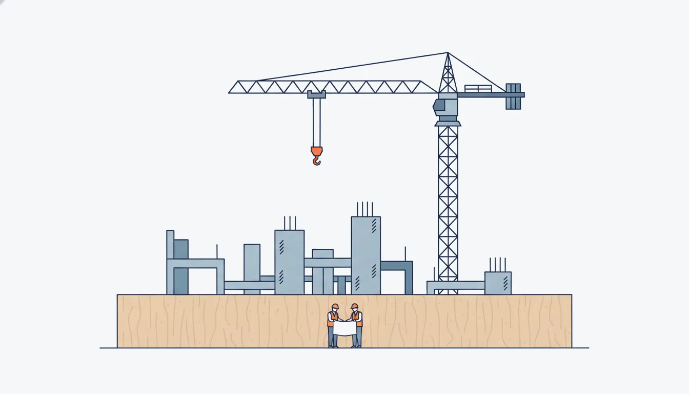 Flat navy-line illustration of a construction site with a tower crane, one orange hook block