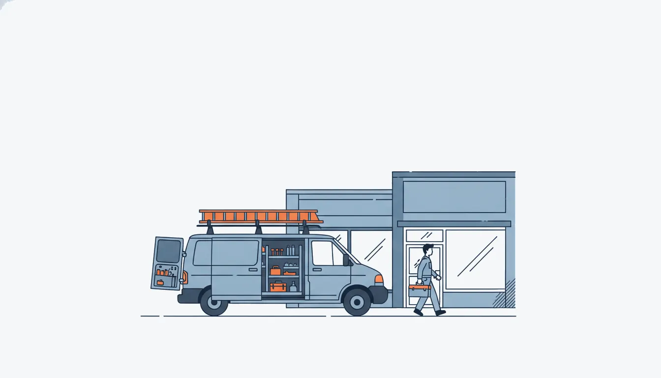 Flat navy-line illustration of a contractor's van at a storefront, one orange ladder on the rack