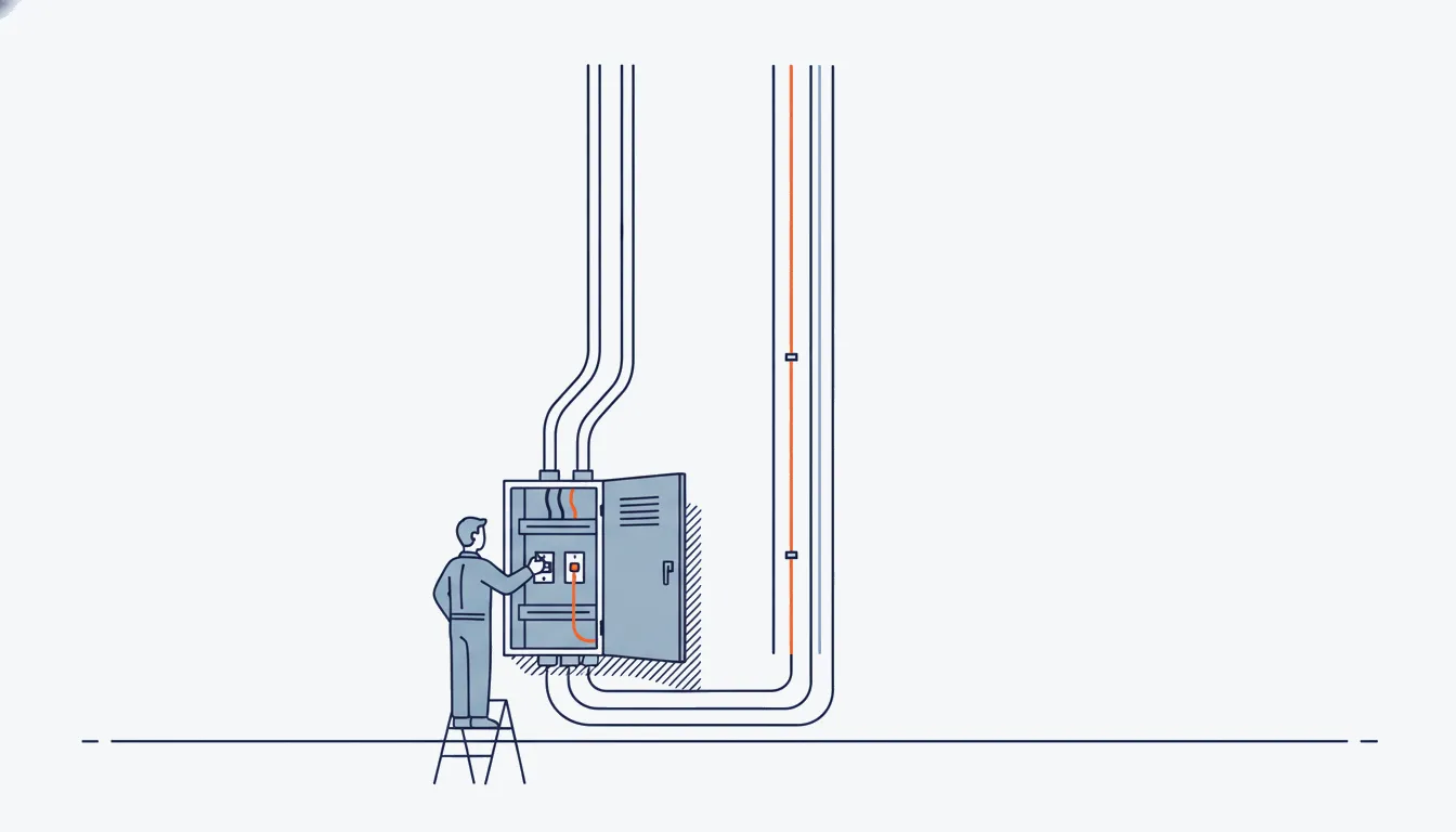 Flat navy-line illustration of an open electrical panel with conduit runs and an electrician, one orange cable