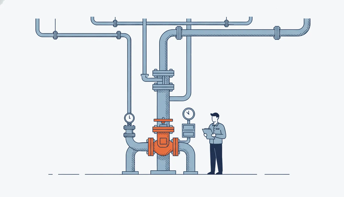 Flat navy-line illustration of a fire sprinkler riser room with an inspector, one orange control valve