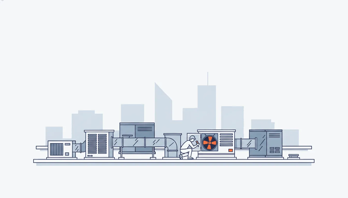 Flat navy-line illustration of rooftop HVAC units with a technician at an open panel, one orange fan