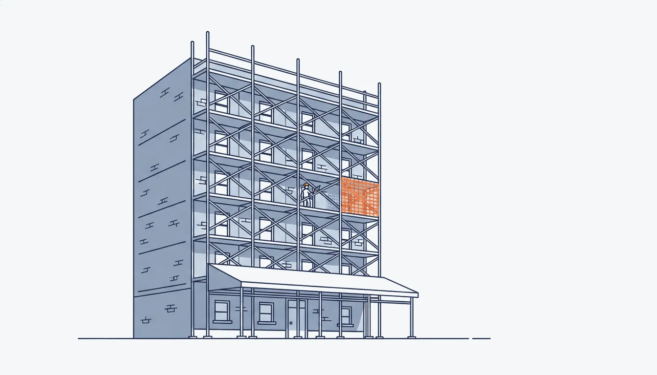 Flat navy-line illustration of a scaffolded brick facade with a mason repointing, one orange netting bay