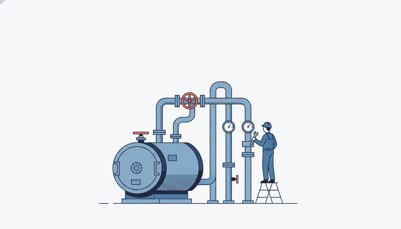 Flat navy-line illustration of a boiler room with pipe risers and a plumber, one orange valve wheel