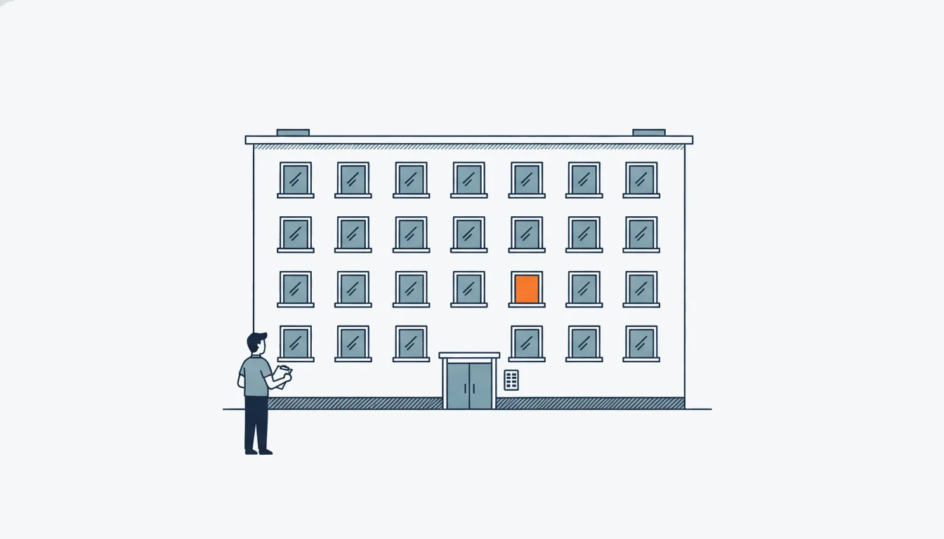 Flat navy-line illustration of a manager with a clipboard before an apartment facade, one orange lit window