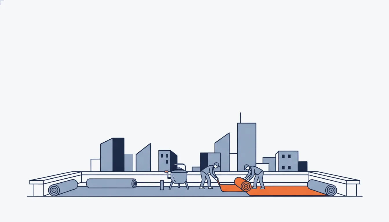 Flat navy-line illustration of a commercial flat roof being re-covered, one orange membrane roll