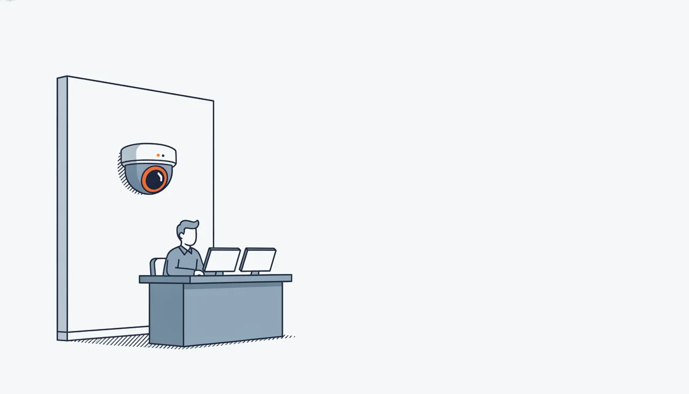 Flat navy-line illustration of a lobby with a security desk and dome camera, one orange lens ring