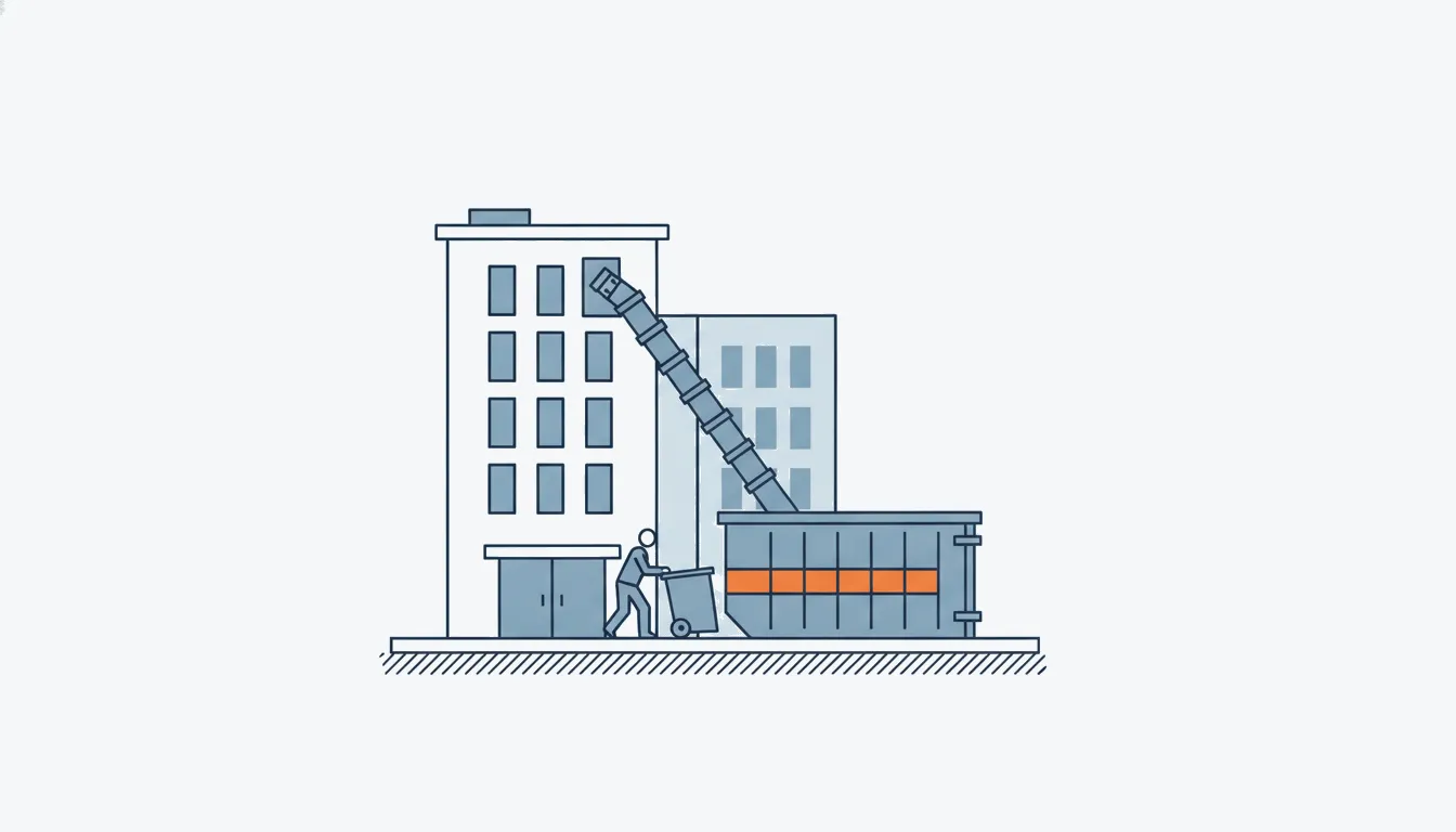 Flat navy-line illustration of a roll-off dumpster and debris chute at a building, one orange stripe